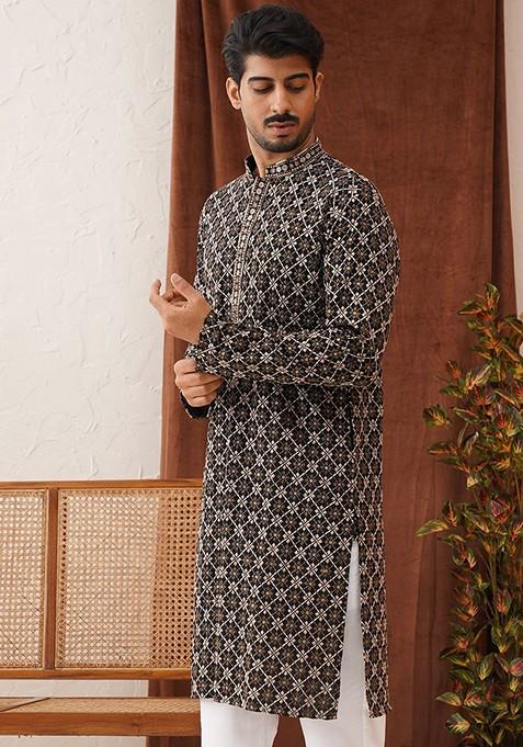 Black Embroidered Poly Blend Kurta For Men