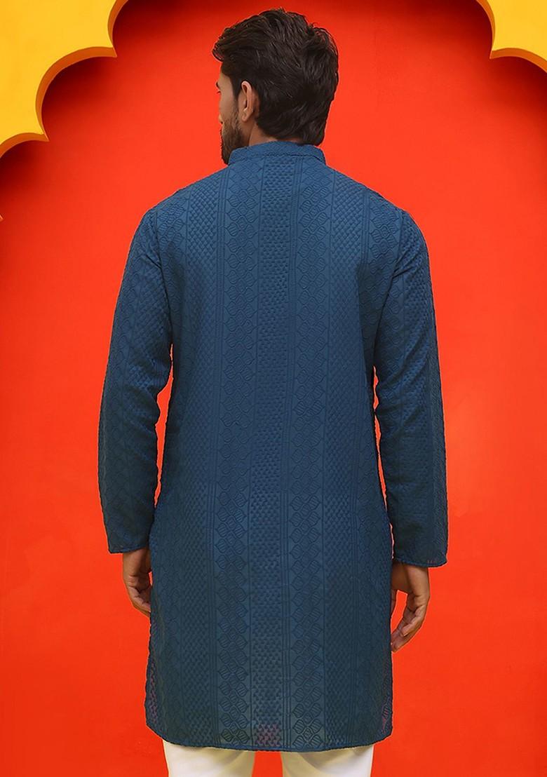 Teal Blue Embroidered Poly Blend Kurta For Men