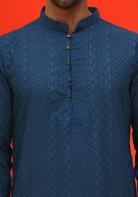 Teal Blue Embroidered Poly Blend Kurta For Men