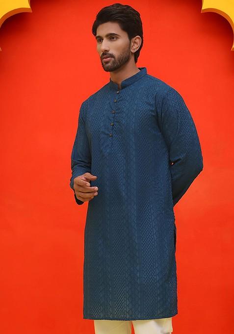 Teal Blue Embroidered Poly Blend Kurta For Men