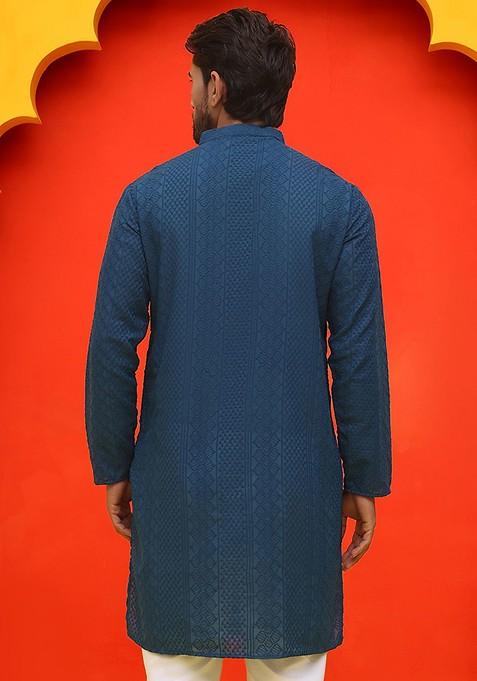 Teal Blue Embroidered Poly Blend Kurta For Men
