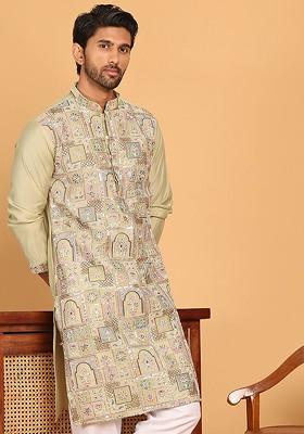 Green Embroidered Poly Blend Kurta For Men