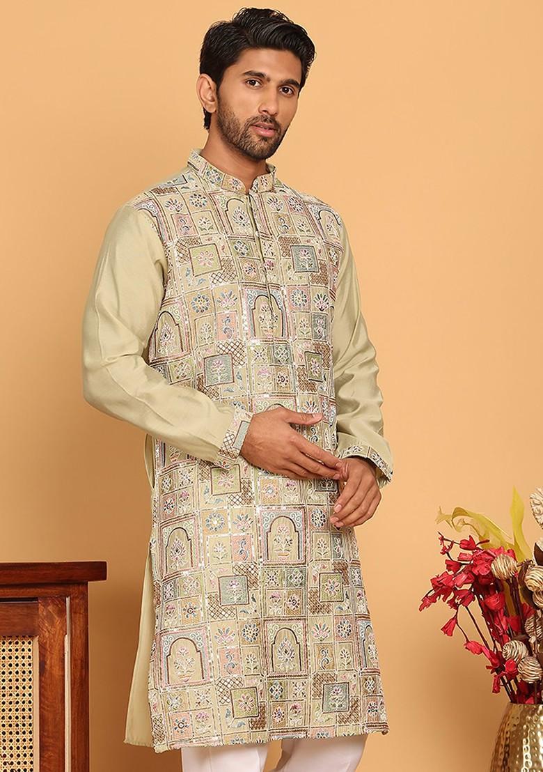 Green Embroidered Poly Blend Kurta For Men
