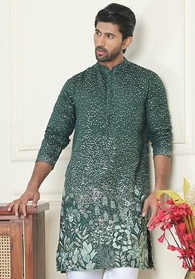 Olive Embroidered Poly Blend Kurta For Men