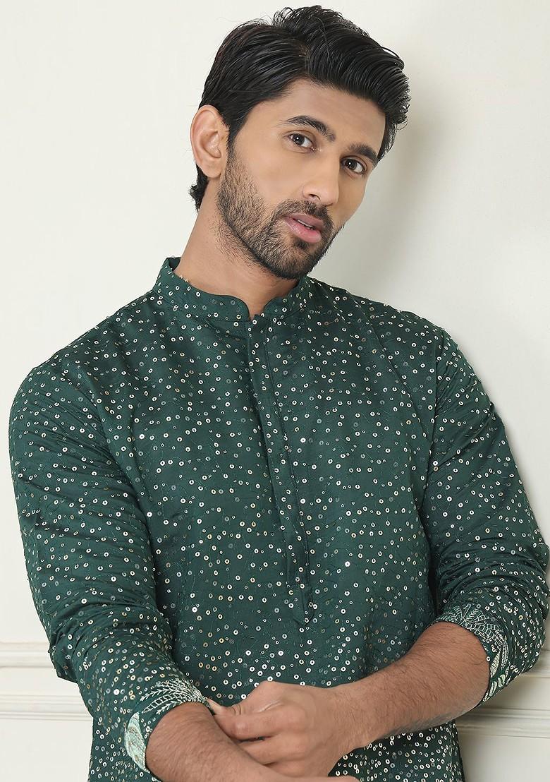 Olive Embroidered Poly Blend Kurta For Men