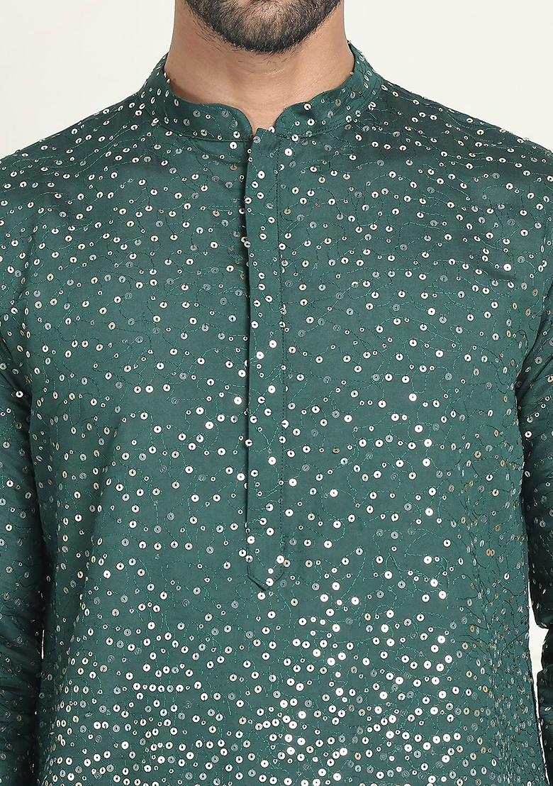 Olive Embroidered Poly Blend Kurta For Men