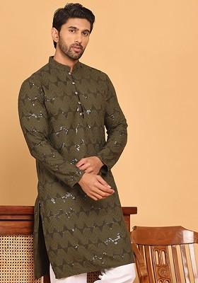 Olive Embroidered Poly Blend Kurta For Men