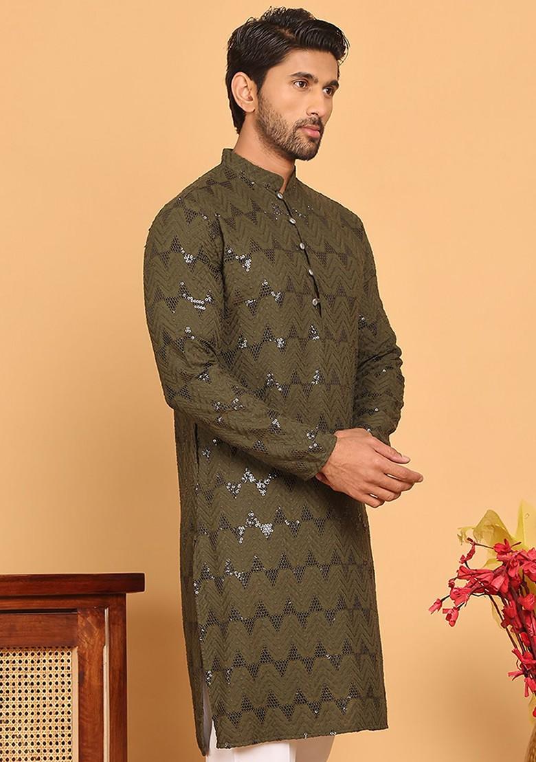 Olive Embroidered Poly Blend Kurta For Men
