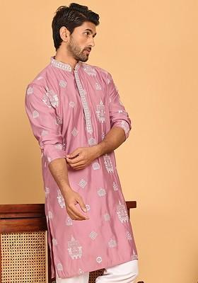 Magenta Embroidered Poly Blend Kurta For Men