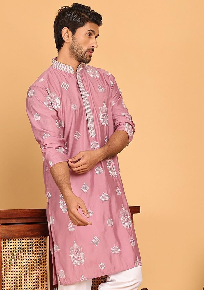 Magenta Embroidered Poly Blend Kurta For Men