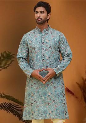 Turquoise Blue Embroidered Poly Blend Kurta For Men