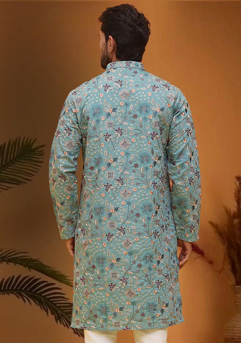 Turquoise Blue Embroidered Poly Blend Kurta For Men