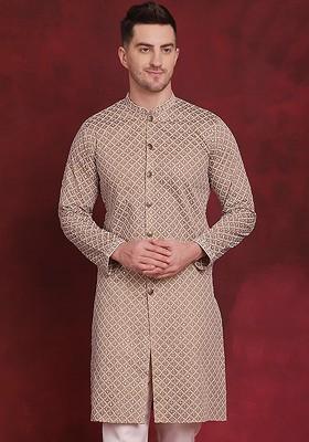 Beige Embroidered Poly Blend Kurta For Men