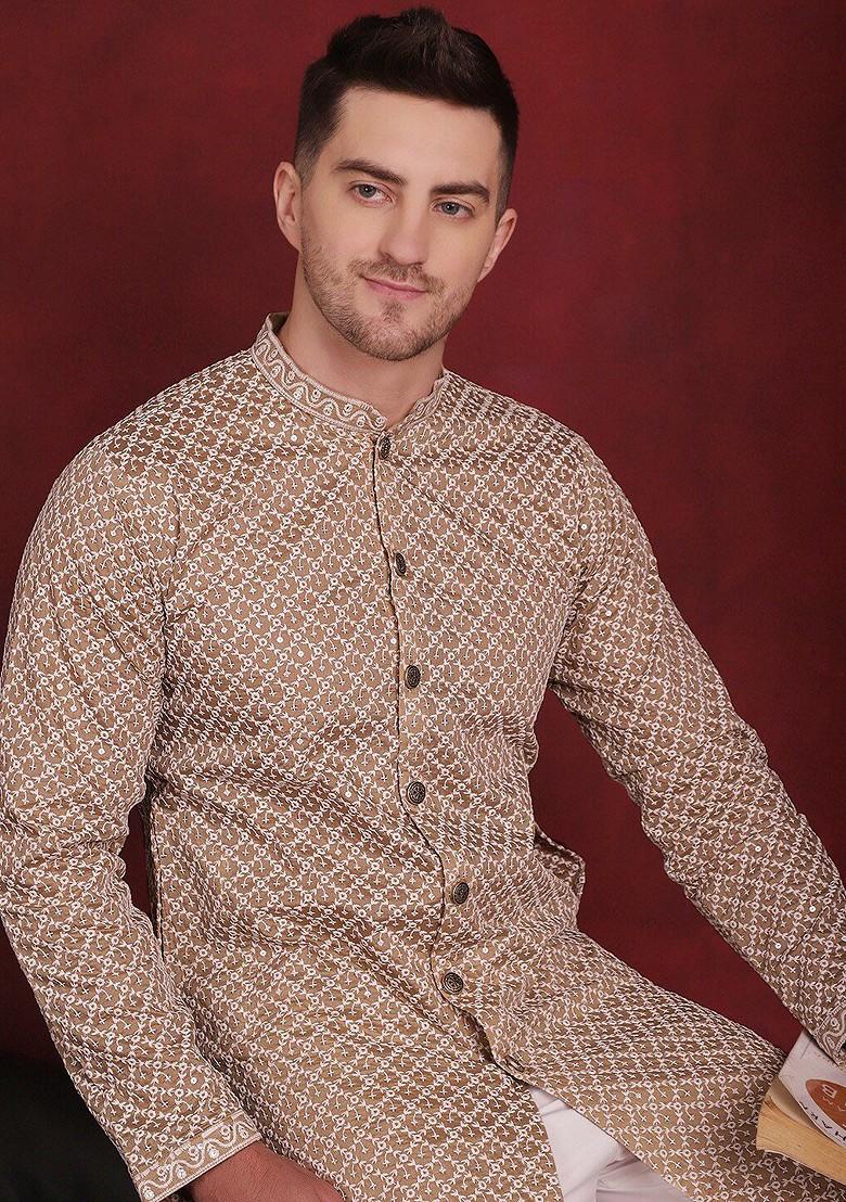 Beige Embroidered Poly Blend Kurta For Men