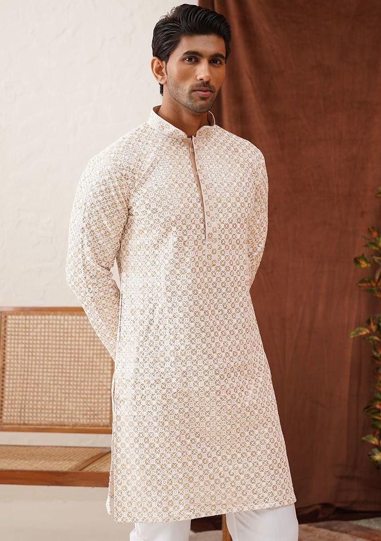 Beige Embroidered Poly Blend Kurta For Men