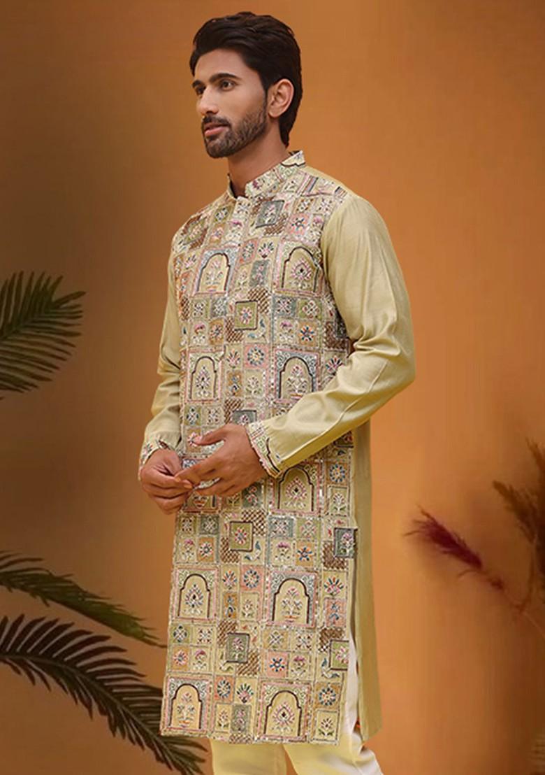 Beige Embroidered Poly Blend Kurta For Men