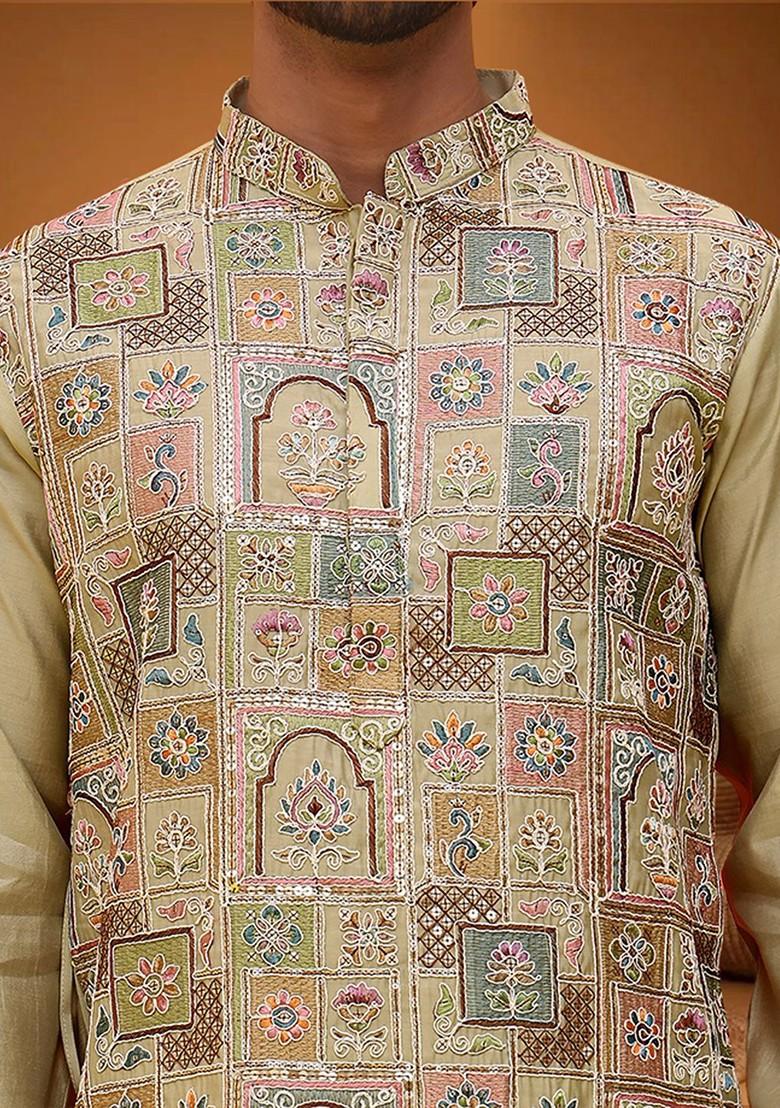 Beige Embroidered Poly Blend Kurta For Men