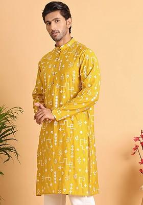 Mustard Yellow Embroidered Poly Blend Kurta For Men