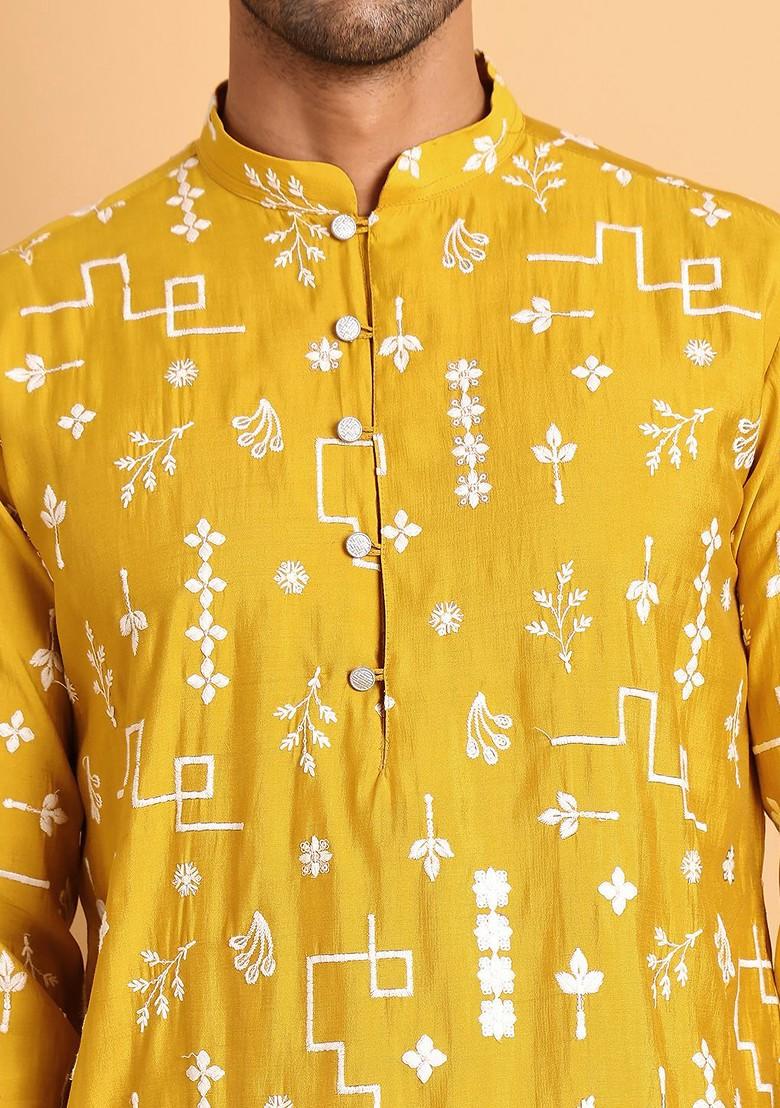 Mustard Yellow Embroidered Poly Blend Kurta For Men