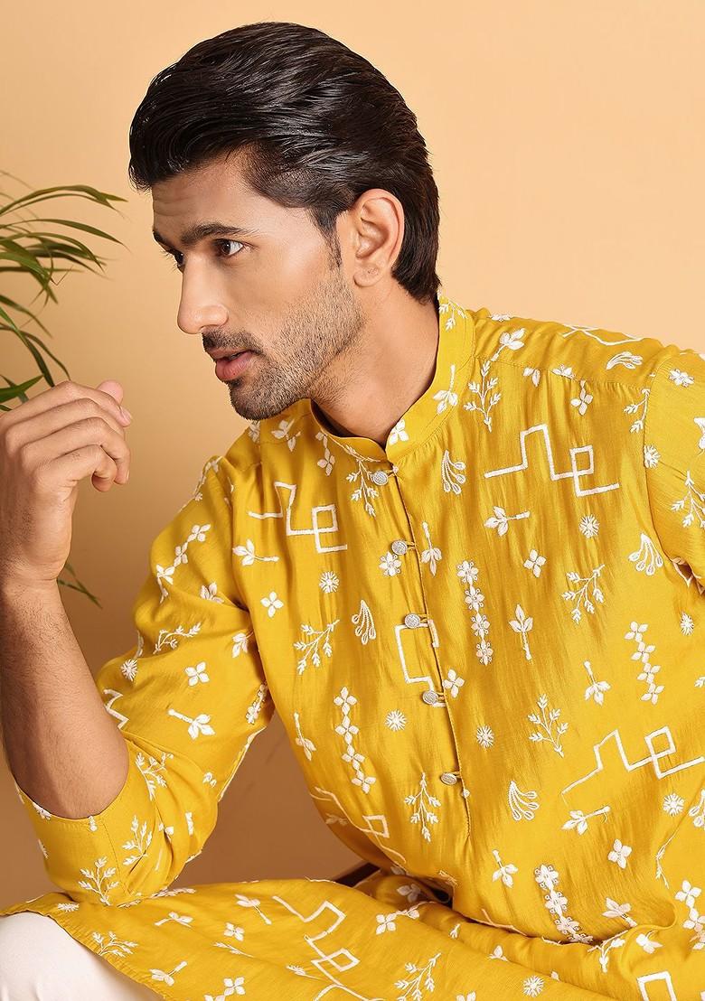 Mustard Yellow Embroidered Poly Blend Kurta For Men