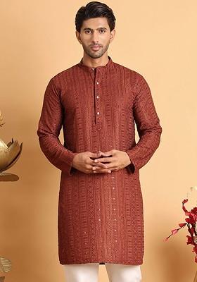 Rust Brown Embroidered Poly Blend Kurta For Men
