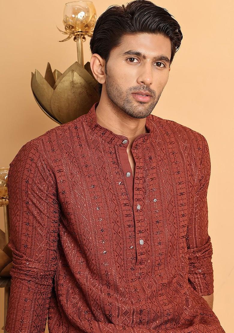 Rust Brown Embroidered Poly Blend Kurta For Men