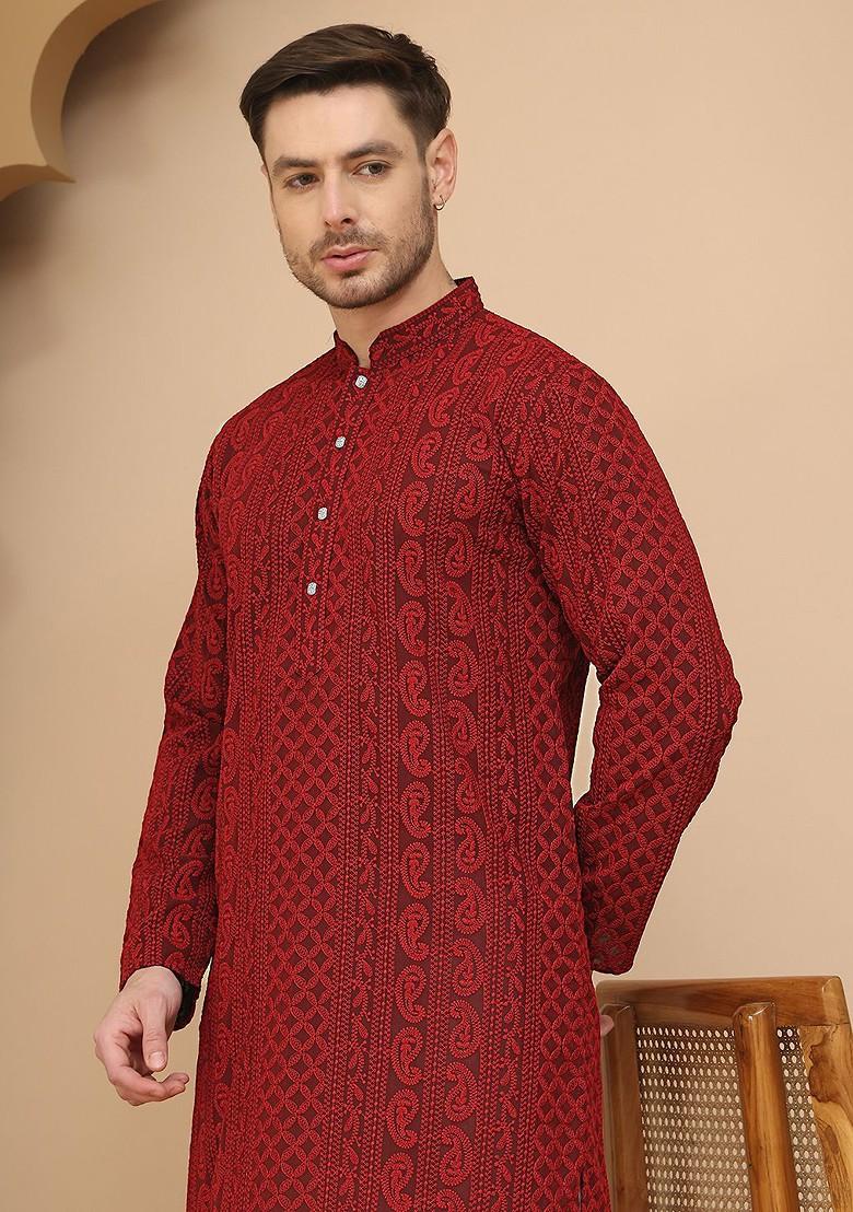 Maroon Embroidered Poly Blend Kurta For Men