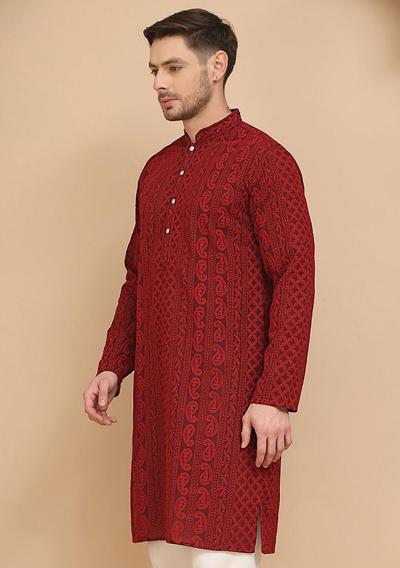 Maroon Embroidered Poly Blend Kurta For Men