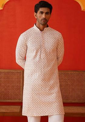 Pink Embroidered Poly Blend Kurta For Men