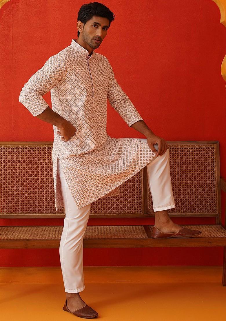 Pink Embroidered Poly Blend Kurta For Men