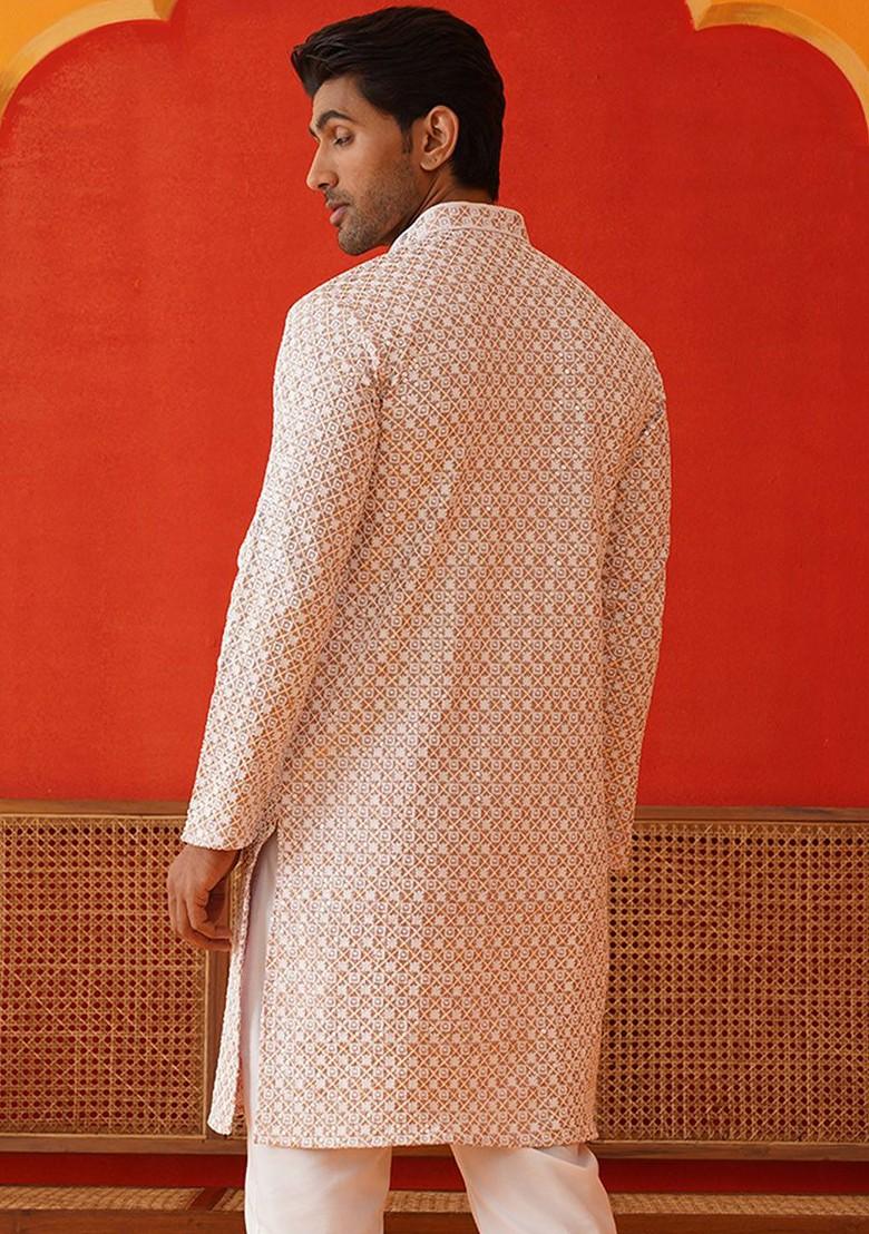 Pink Embroidered Poly Blend Kurta For Men
