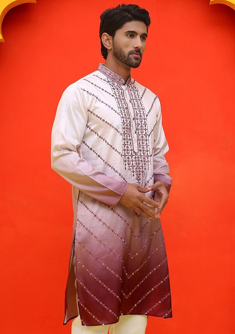 Maroon Embroidered Poly Blend Kurta For Men