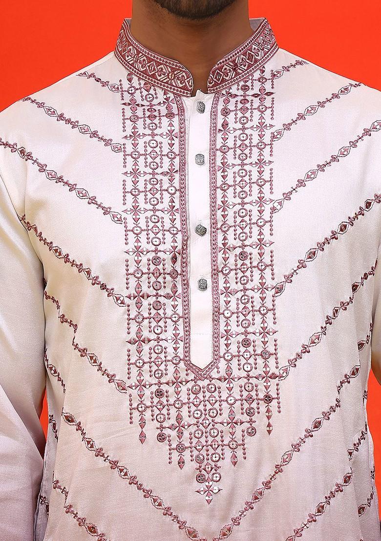 Maroon Embroidered Poly Blend Kurta For Men