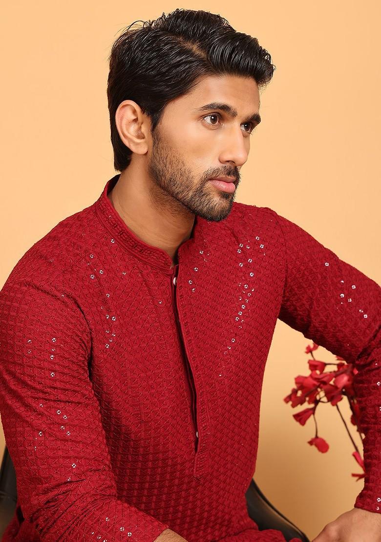 Maroon Embroidered Poly Blend Kurta For Men
