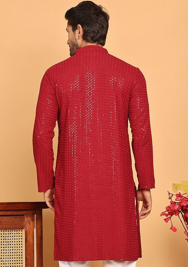 Maroon Embroidered Poly Blend Kurta For Men
