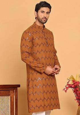 Mustard Yellow Embroidered Poly Blend Kurta For Men