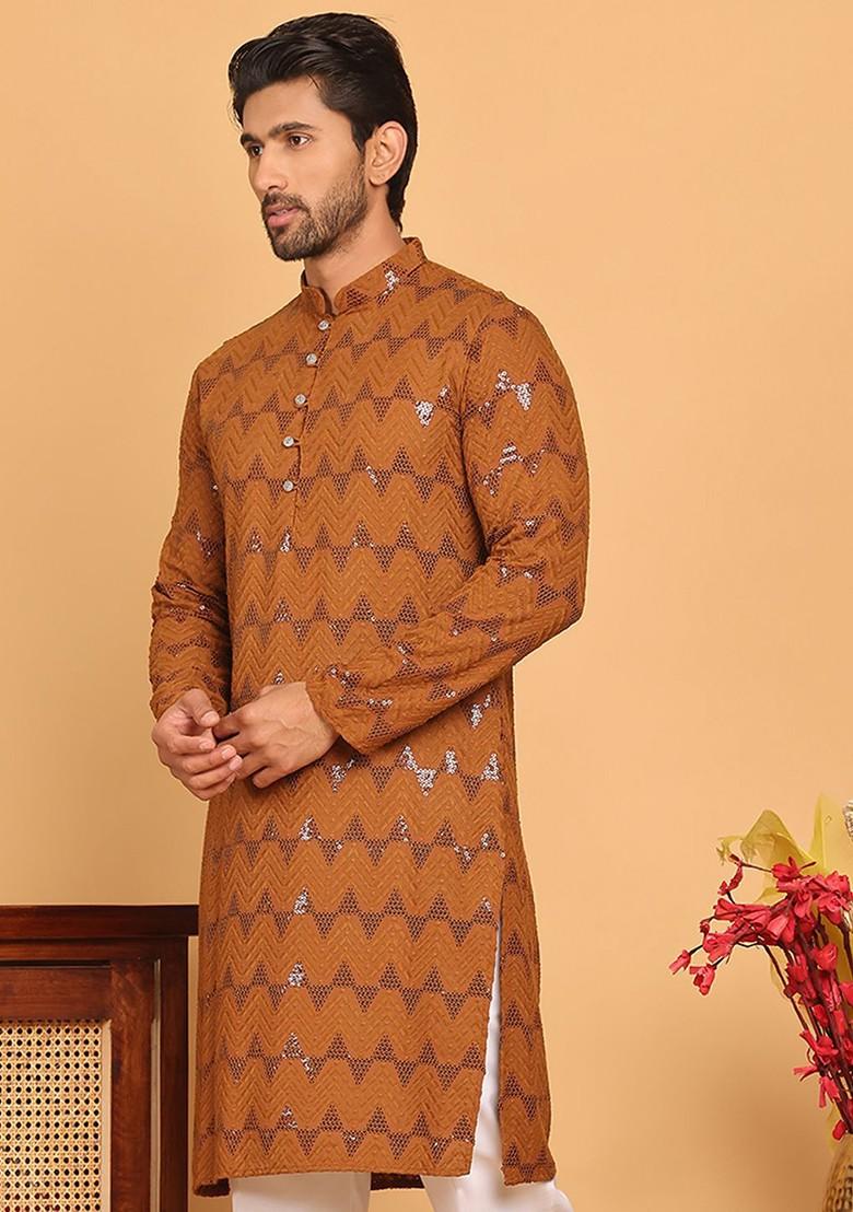 Mustard Yellow Embroidered Poly Blend Kurta For Men