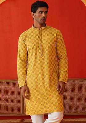 Mustard Yellow Embroidered Poly Blend Kurta For Men