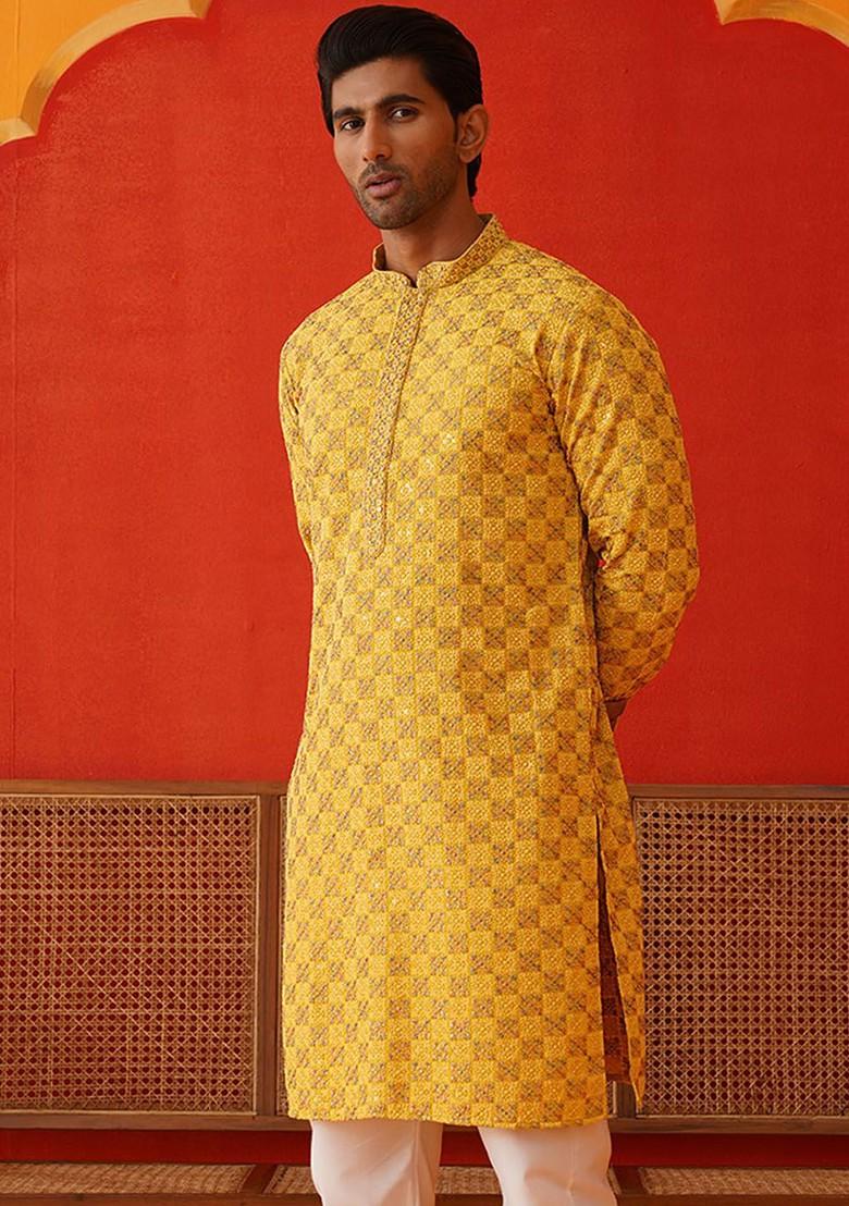 Mustard Yellow Embroidered Poly Blend Kurta For Men