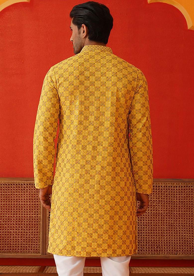 Mustard Yellow Embroidered Poly Blend Kurta For Men