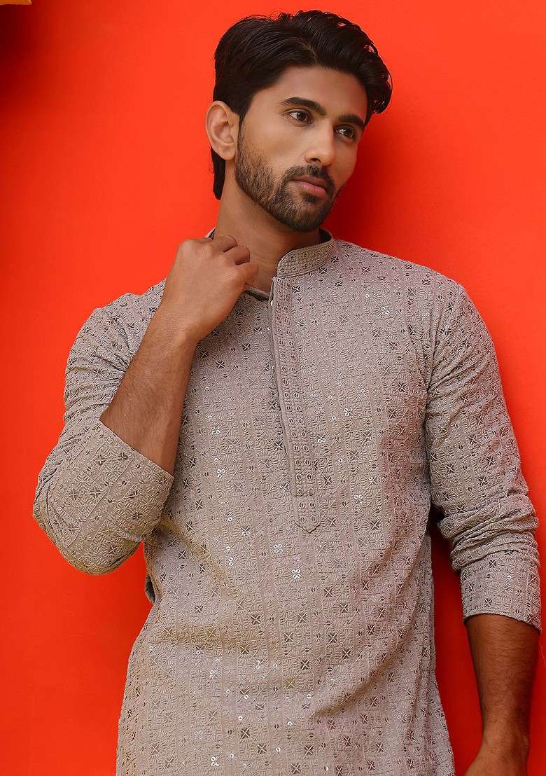 Grey Embroidered Poly Blend Kurta For Men - Indya