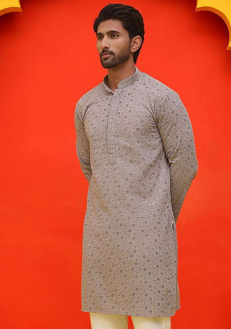Grey Embroidered Poly Blend Kurta For Men - Indya