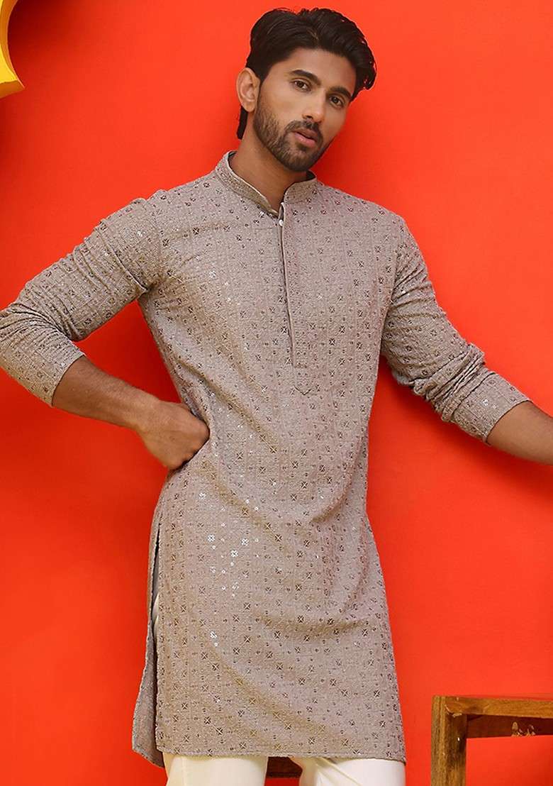 Grey Embroidered Poly Blend Kurta For Men - Indya