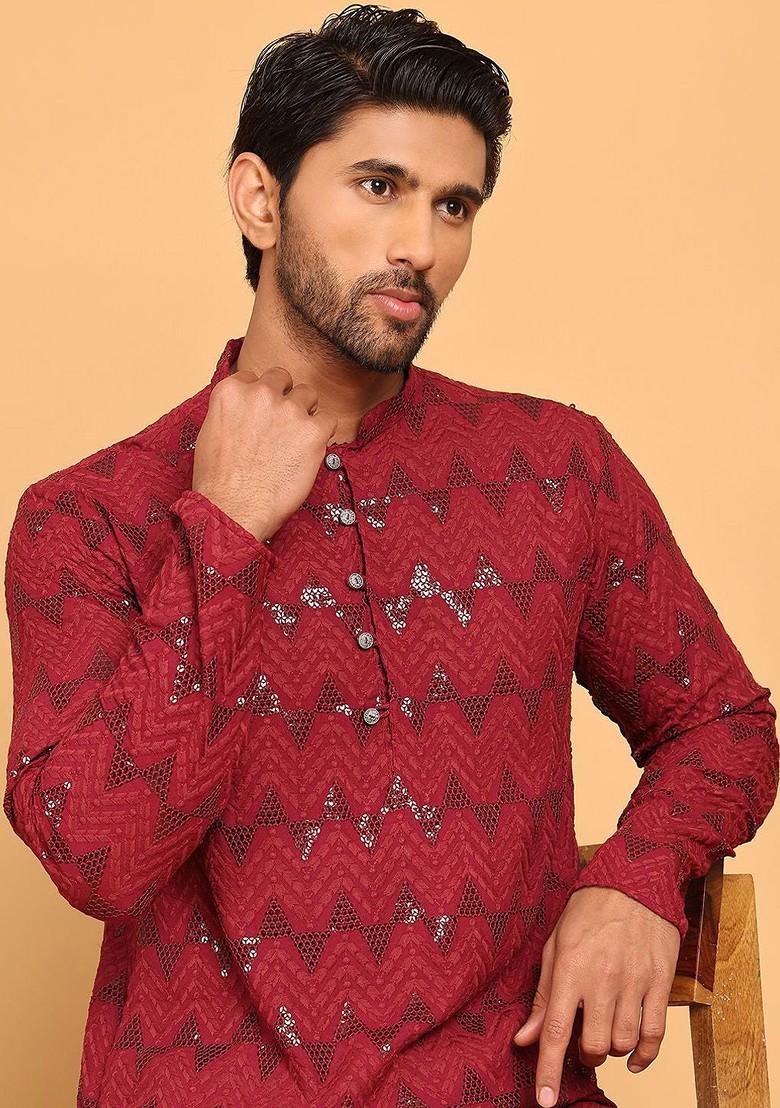 Maroon Printed Poly Blend Kurta For Men
