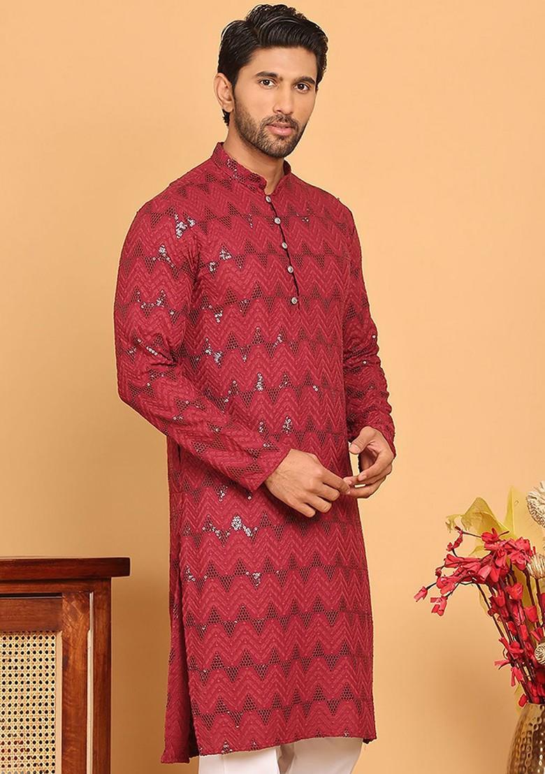 Maroon Printed Poly Blend Kurta For Men