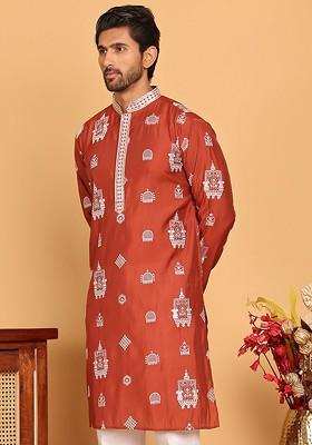 Brown Embroidered Poly Blend Kurta For Men