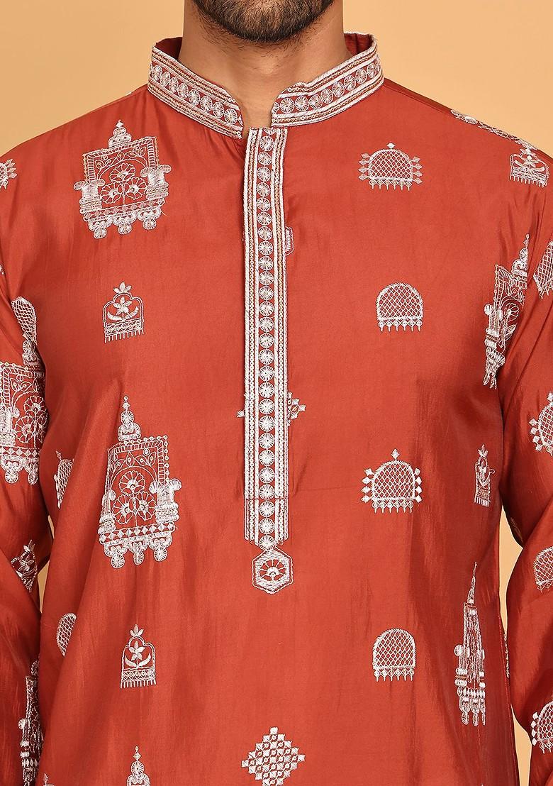 Brown Embroidered Poly Blend Kurta For Men