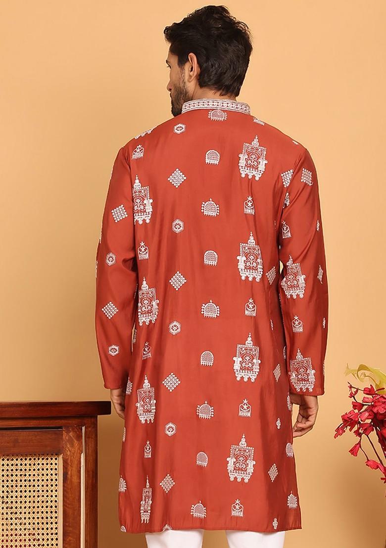 Brown Embroidered Poly Blend Kurta For Men