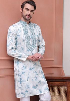 Turquoise Blue Embroidered Poly Blend Kurta For Men