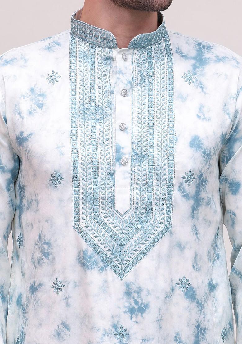 Turquoise Blue Embroidered Poly Blend Kurta For Men